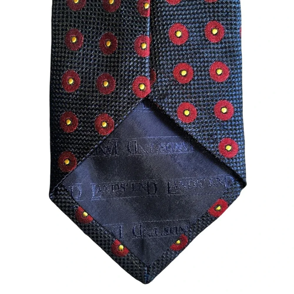 Lands' End Men's Ties Set Of Two 100% Silk Neck Ties Red‎ Navy Leaf Dot Pattern